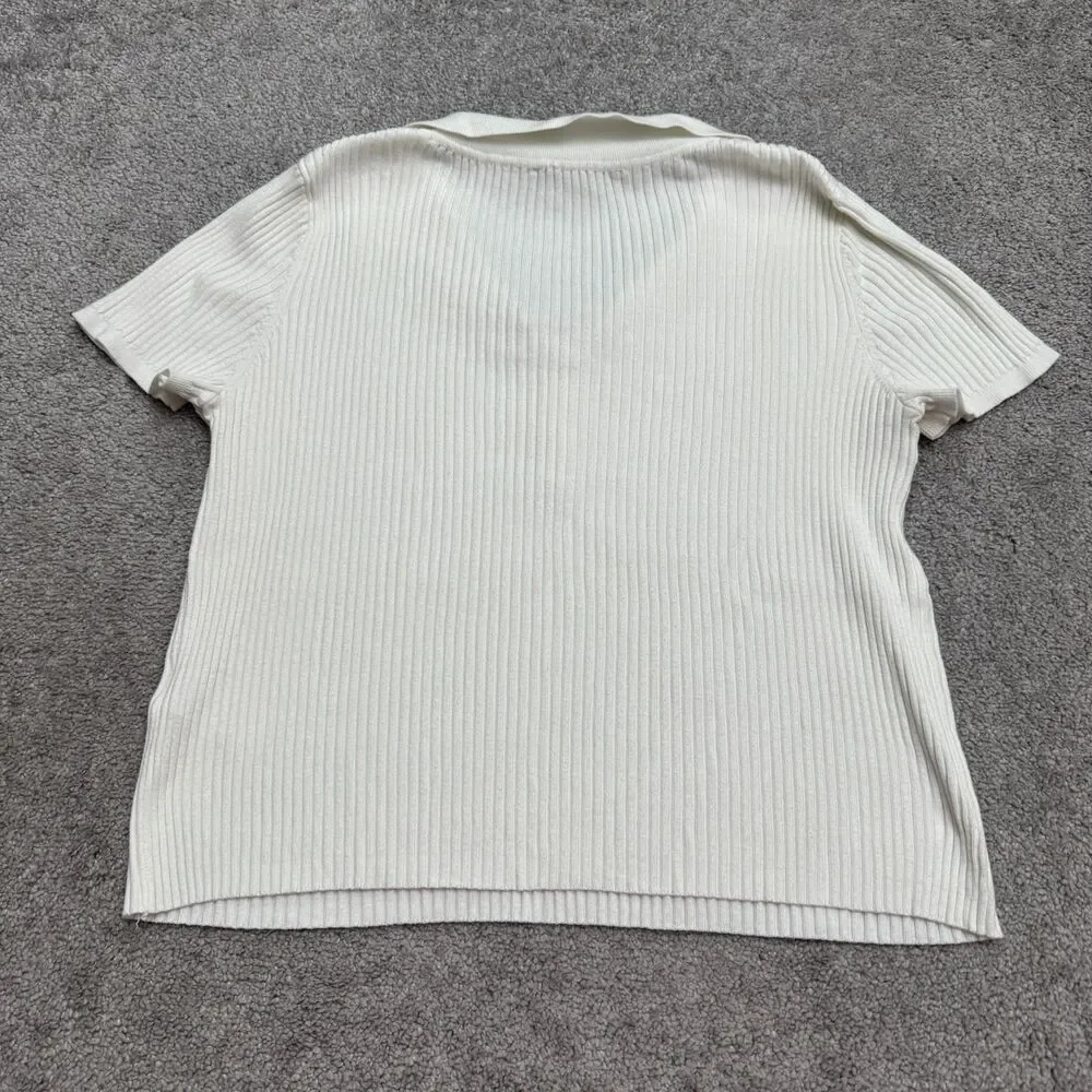 DKNY Jeans Ribbed Knit Polo Shirt Womens Large White Short Sleeve Stretch Top